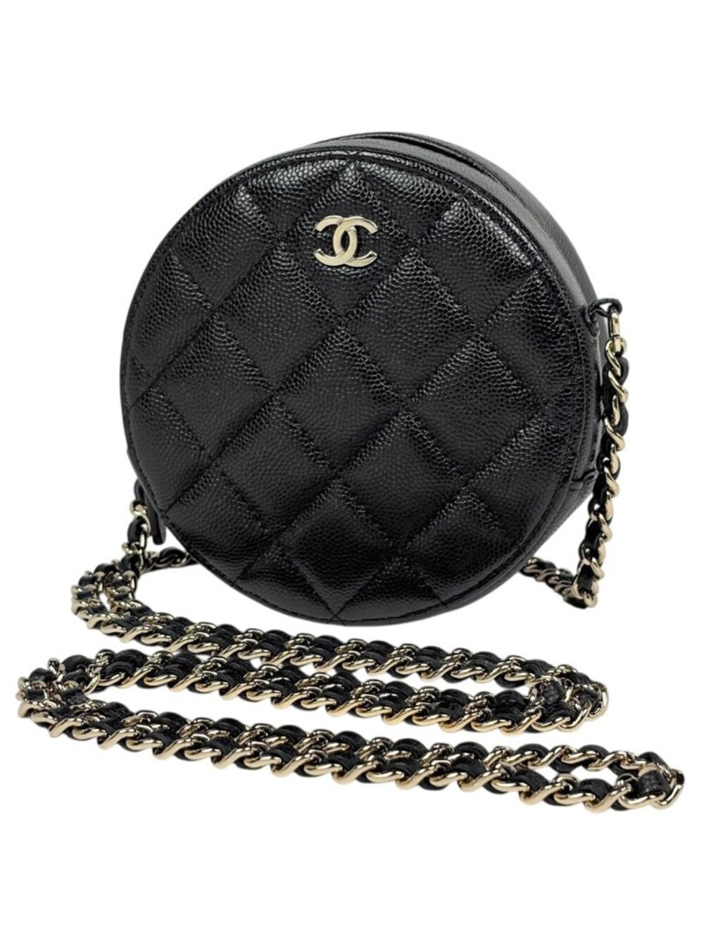 Chanel CC Logo Round Chain Shoulder Bag Quilted Classic Caviar Leather Black